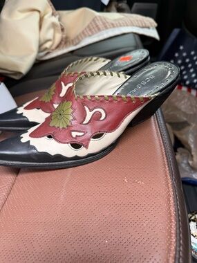 BCBGirls Red, Cream & Black Leather Slip-On Mules with Green Floral Appliqué